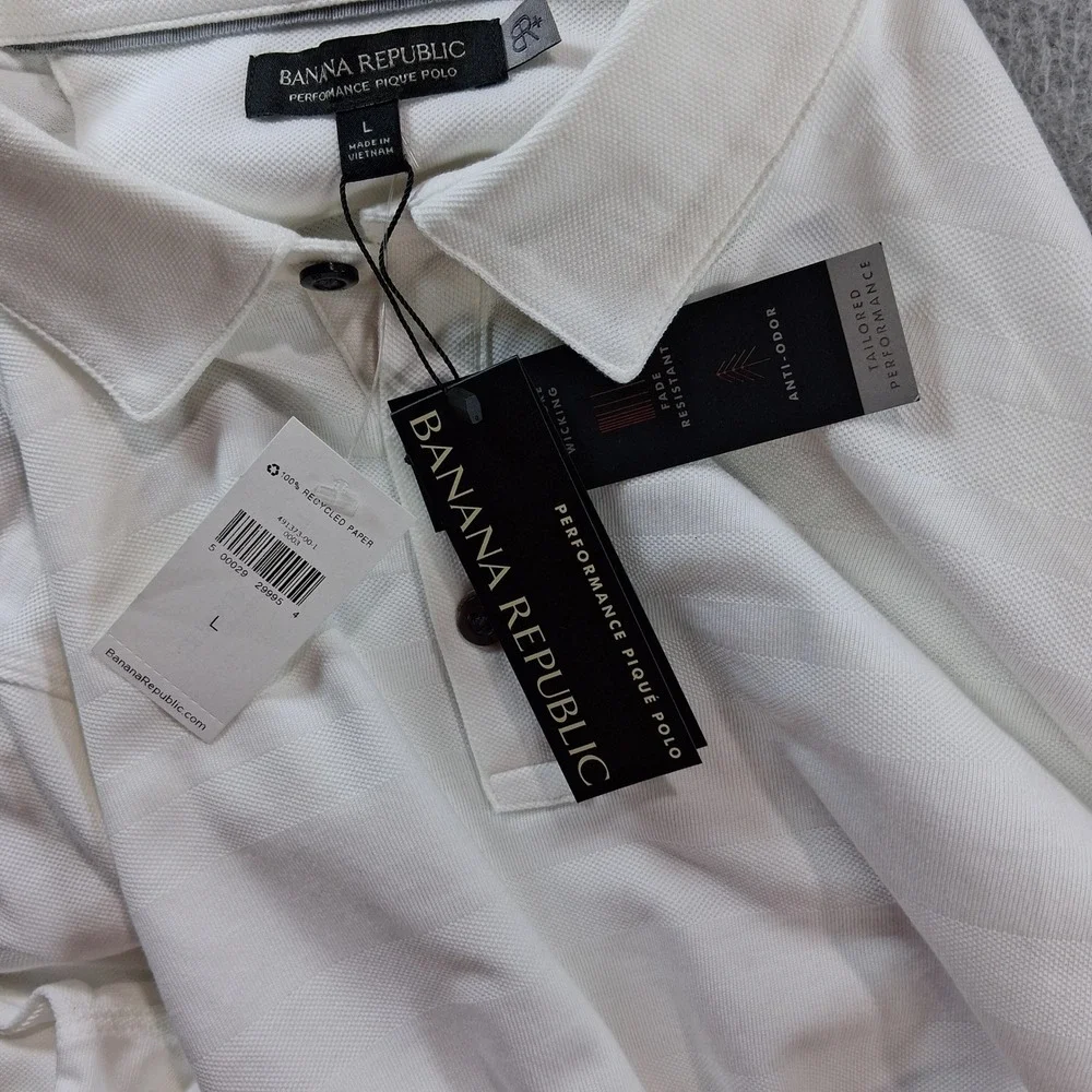 Banana Republic Polo Shirt Mens L White Performance Pique Long Sleeve Chevron